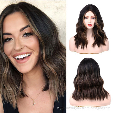 Short cheap price wavy ombre heat resistant vendor wholesale high quality premium curly synthetic lace front wig for black women